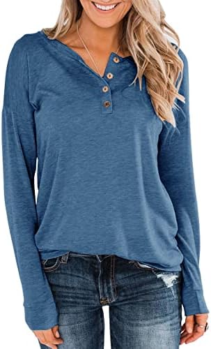 Topstype Women's Long Sleeve Henley Tops Pullover with Buttons Down Casual Loose Fit V-Neck Tunics