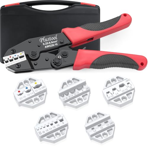 Plustool 6PCS Crimping Tool Set - Ratcheting Wire Crimper - for Heat Shrink, Insulated Nylon, Non-Insulated, Ferrule Terminal, Open Barrel Terminals & Solar Connectors