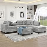 P PURLOVE Sectional Sofa with Reversible Chaise and 2 Pillows, Polyester L-Shaped Sofa with Storage Ottoman and Cup Holders, Sectional Couche Living Room Furniture Sets (Gray)