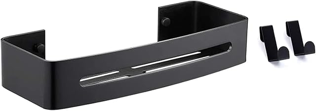 Drenky Shower Caddy, 304 Stainless Steel Bathroom Corner Shelf Rustproof No Drilling 1 Pack Matt Black Rectangular Shower Shelves Self-Adhesive with 2 Hooks