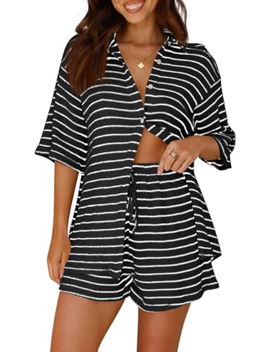 Image of Tankaneo Womens Striped 2 Piece Sets Short Sleeve Lounge Set