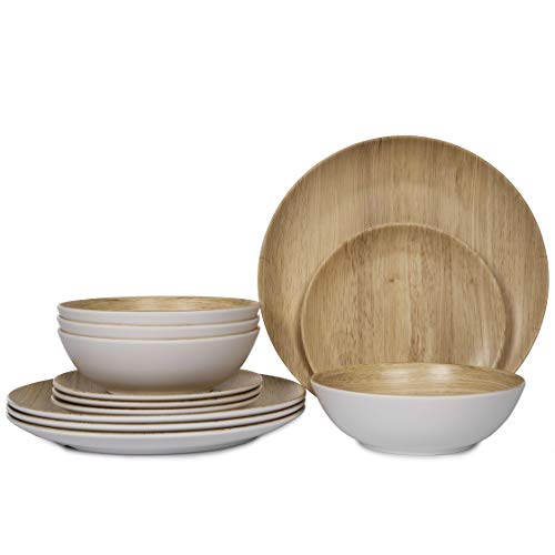 Melamine Dinnerware Set - 12Pcs Dinnerware Set Indoor And Outdoor Use, Bamboo Pattern Dishes Dinnerware Set For 4,Dishwasher Safe (Wood Grain) #TOP7