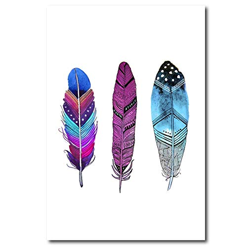 Pintura cuadros de pared acuarela abstracta de plumas coloridas en lienzo giclée de 3 piezas 4