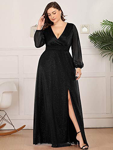 Ever-Pretty Women's Shiny A-Line V-Neck Plus Size Formal Dress With Sleeves Black Us26 #TOP3