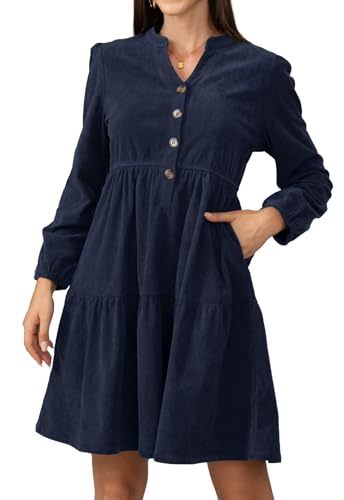 Jayscreate Damen 2025 Langärmeliges Cordkleid über dem Knie, A-Linie, V-Ausschnitt, Herbst, Winter, kurzes Arbeitskleid, Marineblau, Mittel