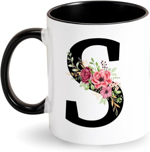 Initiale Tasse Personnalisée avec Motif Fleurs en Céramique Noire - Mug à Café Alphabet - Cadeau pour Femme, Ami, Maman, Collègue pour Anniversaire, Fête...