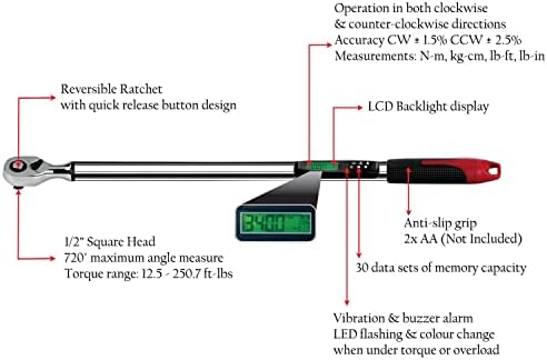ACDelco ARM303-4A 1/2" Angle Digital Torque Wrench (17-340 Nm) with Buzzer, LED Flash Notification, Foam-Lined Steel Protective Case & ISO 6789 Standard Certificate of Calibration