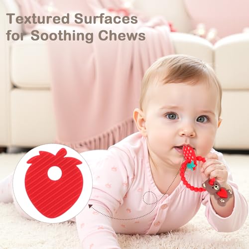 Valentine’s Baby Teething Toys, Teddy Bear & Strawberry Silicone Teether for 3–12 Months, Textured Sensory Chewing Ring for Infants & Toddlers, Baby’s First Valentine’s Day Gift for Boys and Girls - image 4
