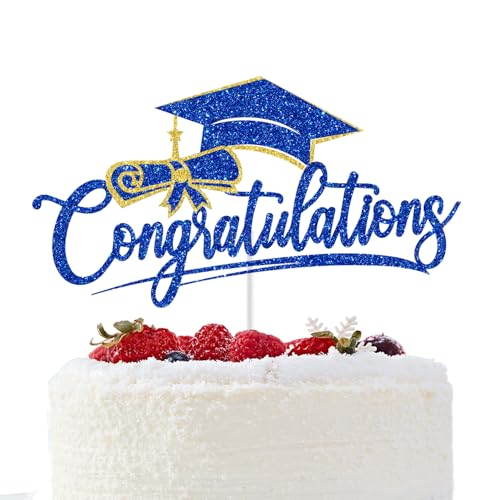 Congratulations Cake Topper, Congrats Grad Decorations, 2026 Graduation Cake Topper, High School College Senior Graduation Celebration Party Decorations (Blue and Gold Glitter)