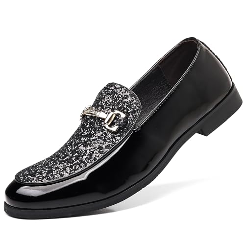 COSIDRAM Men's Glitter Dress Shoes Fashion Metallic Sequins Gold Buckle Luxury Patent Leather Loafers Wedding Party Prom Black 12