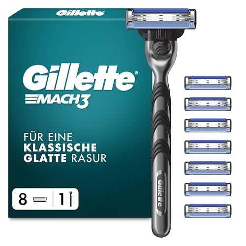 Gillette Mach3 Nassrasierer Herren, Rasierer + 8 Rasierklingen mit 3-fach Klinge, Geschenk für Männer