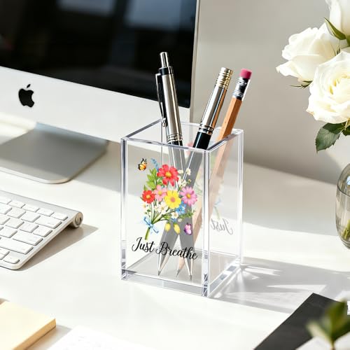 Image of Just Breathe Acrylic Cosmetic Organizer Pen Holder, Motivational Acrylic Desk Holder Cup for Pen Pencil, Inspirational Office Gifts for Coworker Leader, Mental Health Gifts for Anxiety Friend