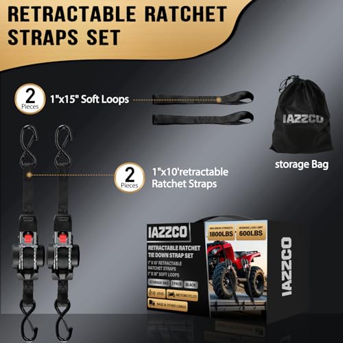 IAZZCO 10FT Retractable Ratchet Straps(2-Pack) - 1 Inch (1800 LB Break Strength) Heavy Duty Self Retracting Ratchet Straps with Soft Loops & Storage Bag for Household, Motorcycle, Truck, ATV(Black) by IAZZCO - Image 6