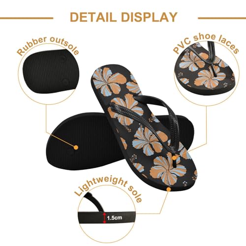 Maple Leaf Sketch Orange Hibiscus Flower Blossom Black Flip Flops for Beach Thong Sandals Anti-slip Lightweight Beach Shoes for Indoor Outdoor House3
