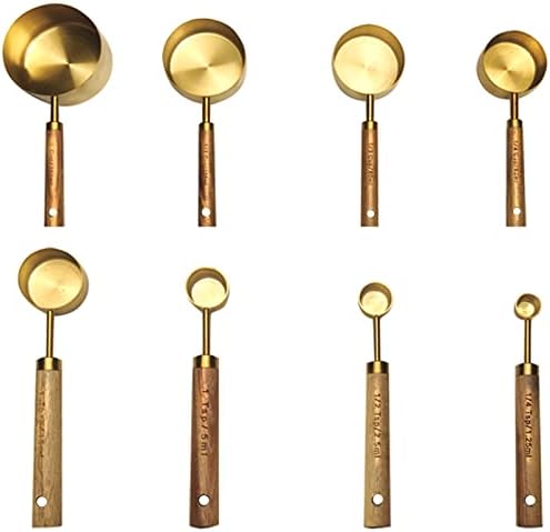 SMAYHO 8-Piece Measuring Cups and Spoons Set, Stainless Steel Measuring Cups with Wood Handle, Measure Spoons for Kitchen Cooking/Baking - Send 8 Hanging Rings