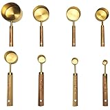 SMAYHO 8-Piece Measuring Cups and Spoons Set, Stainless Steel Measuring Cups with Wood Handle, Measu