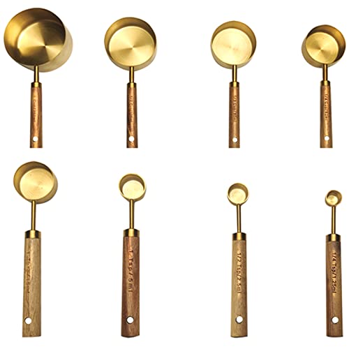 Smayho 8-Piece Measuring Cups And Spoons Set, Stainless Steel Measuring Cups With Wood Handle, Measure Spoons For Kitchen Cooking/Baking - Send 8 Hanging Rings #TOP21