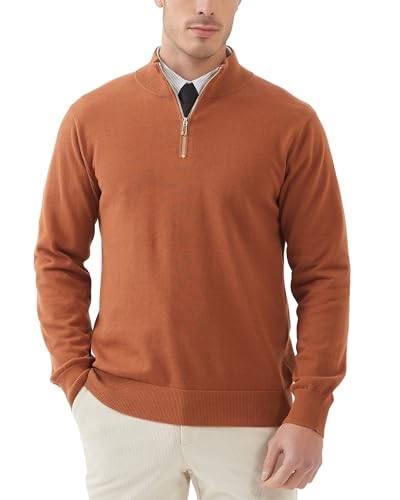 Kallspin Men’s Cotton Quarter Zip Jumper Sweater Long Sleeve Casual Knit Pullover Knitwear(Caramel, M)