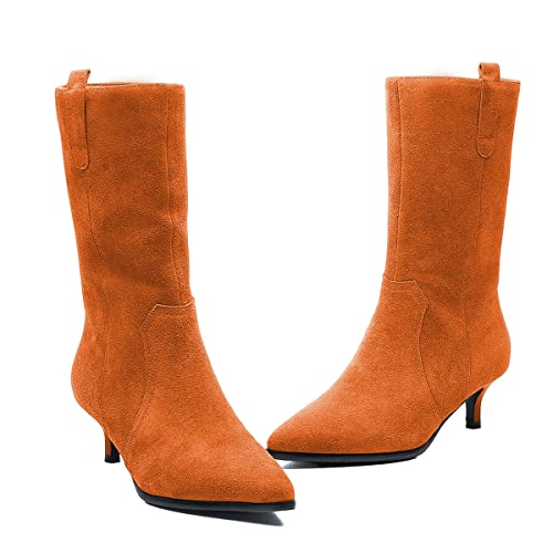 FSJ Women Fashion Suede Pointed Toe Kitten Low Heel Mid Calf Boots Side Zipper Casual Dress Walking Ladies Shoes Size 4-15 US3