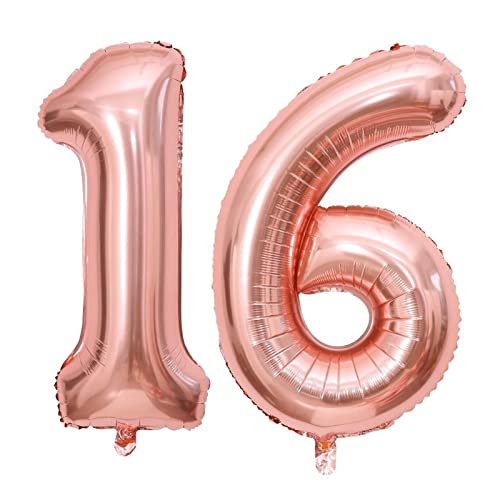 40 Inch Rose Gold 16 Number Balloons Giant Jumbo Huge 16 61 Foil Mylar Helium Number Digital Balloons Rose Gold Birthday Mylar Digital Balloons 16th Birthday Anniversary Events Party Decorations by LHOAVWE - Used condition - US$5.09