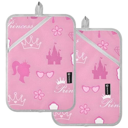 Princess Charm - Juego de 2 soportes para ollas resistentes al calor, bonitos guantes de horno y soportes para ollas para hornear decoración de cocina, color rosa