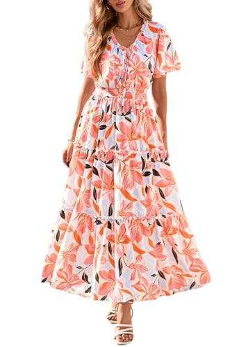 KIRUNDO Spring Summer Wedding Guest Dresses for Women 2026 Boho Floral Short Sleeve V Neck Ruffle Tiered Flowy Maxi Dress(Orange, Small)