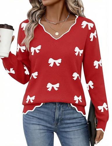 LaGracia Womens Fall V Neck Sweater 2026 Lightweight Casual Long Sleeve Valentines Knit Pullover Sweaters Dressy Fall Outfits Red-Bow M
