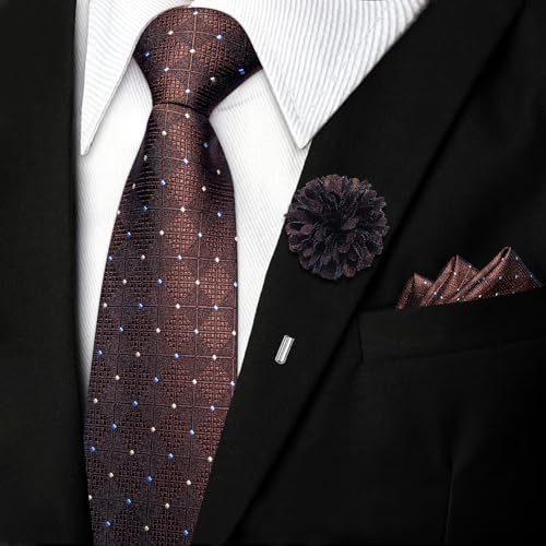 Image of DiBanGu Mens Zipper Tie Silk Pre-Tied Necktie with Gift Box | Jacquard Woven,Paisley Solid Plaid Pattern,6PCS with Pocket Square,Cufflinks and Lapel Pin,for Wedding Party Formal Business