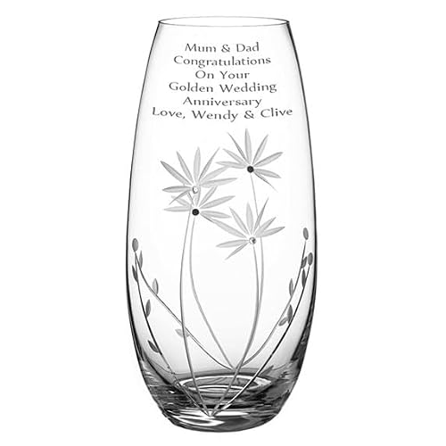 Image of Personalised Vase, etched with flowers, each one accented with Diamante crystals, barrel shape, 25cm high, beautiful engraved, lovely gift box