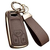 Axtrulix Key Fob Cover for Audi with Key Chain, Upper Leather + Soft TPU Key Cover Case Shell for A4 Q7 Q5 TT A5 SQ5 R8 S5 (BROWN)