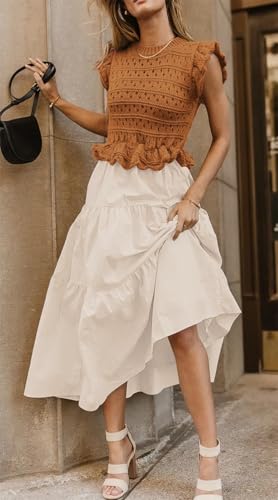 Women’s 2025 Summer Causal Ruffle Sleeve Crochet Knit Tops Long Dress for Ladies Fall Trendy Tiered Dress4