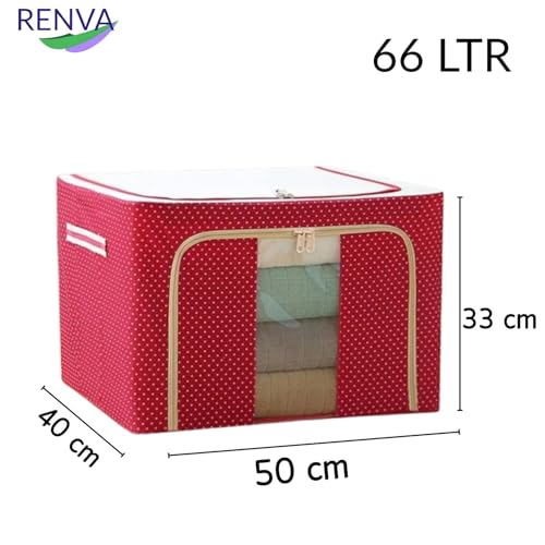 Image of RENVA 6 PCS polycotton Clothes Storage Organizer Bins, Foldable Storage Bins-Cloth Steel Frame Storage Box with Foldable Clear Window & Reinforced Handles (Red, 66L-6)