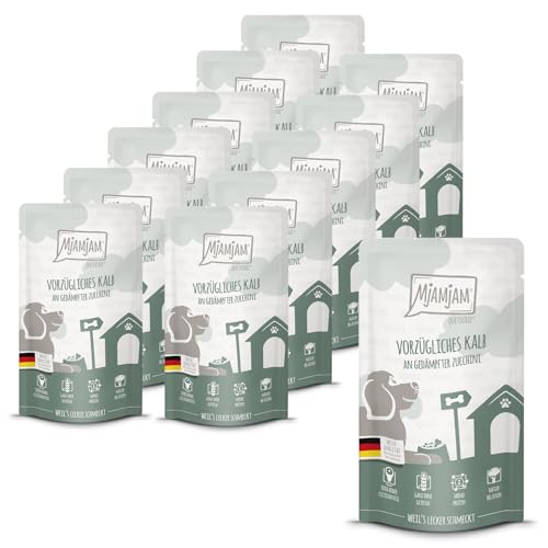 MjAMjAM - Premium Nassfutter für Hunde - Quetschie - vorzügliches Kalb an gedämpfter Zucchini, 12er Pack (12 x 125g), getreidefrei mit extra viel Fleisch