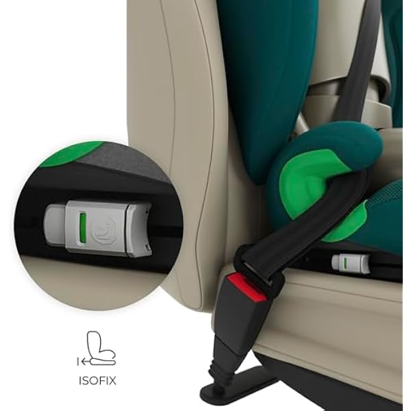 Kinderkraft JUNIOR FIX 2 PRO — автокресло для детей ростом 100–150 см, крепление ISOFIX или ремнями безопасности, система H-GUARD, боковая защита SPS, регулируемый подголовник, обивка AIR FLOW, зеленый