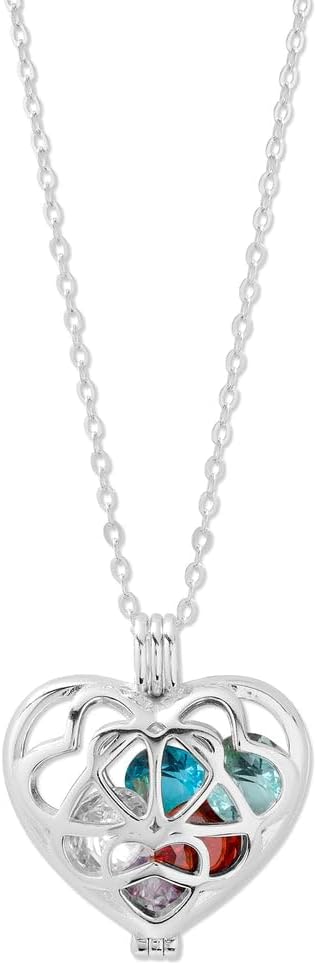 EVE'S ADDICTION Sterling Silver Personalized 6mm Round Simulated Birthstone Heart Caged Locket (16" chain) Personalized Gift for Her - Gifts for Mom