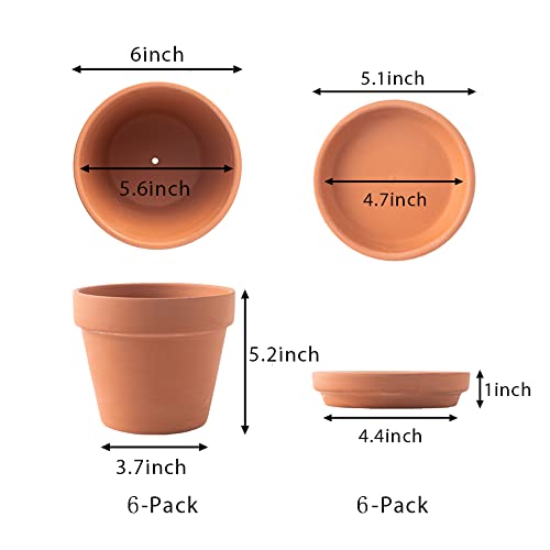Yishang Large Terra Cotta Pots with Saucer- 6 Pack Large 6\'\' Terra Cotta Plant Pot with Drainage Hole, Flower Pot with Tray, Terracotta Pot for Indoor Outdoor Plant - Thumbnail 2