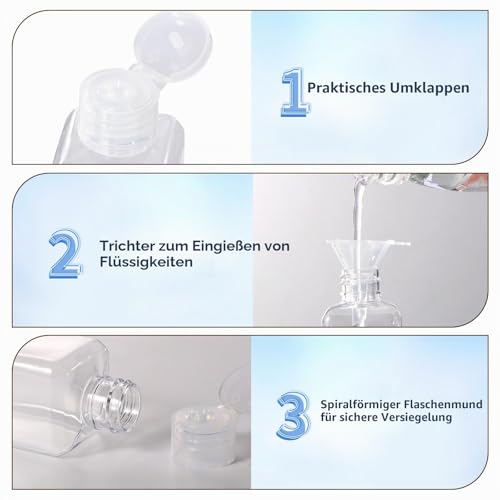 Diboniur Kulturbeutel Transparent –10-teiliges Flugzeug-Reiseset, 6 Reiseflaschen 100 ml mit 2 kleinen Trichtern, Reisezubehör für Shampoo, Creme und Lotion