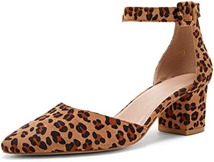 FISACE Womens Low Mid Square Heel Ankle Strap Sandal Office Ladies Pointed Toe Pumps Shoes Leopard Suede