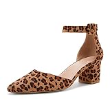 FISACE Womens Low Mid Square Heel Ankle Strap Sandal Office Ladies Pointed Toe Pumps Shoes Leopard S