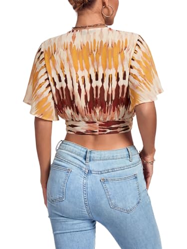 Image of LYANER Women's Sexy Deep V Neck Tie Front Wrap Cropped Blouse Bell Short Sleeve Ruffle Crop Tops