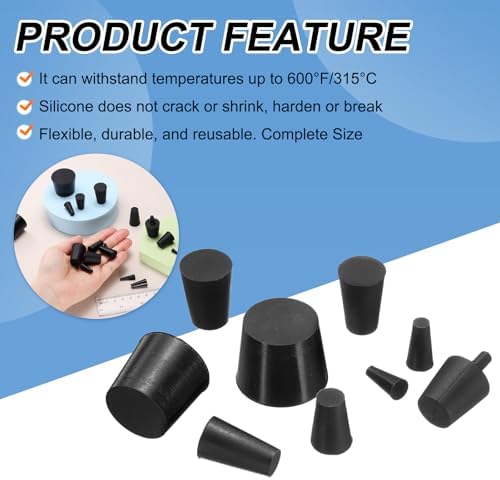 uxcell 12 Pcs Silicone Rubber Tapered Plug, 5mm to 9mm High-Temperature Solid Rubber Stoppers Silicone Plugs for Hole Plugs, Spraying, Coating, Painting Protection, Black, 20mm — 사진 4
