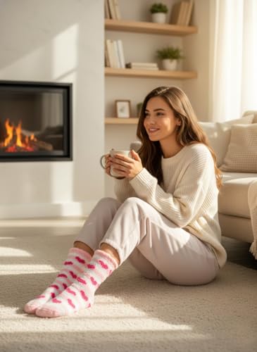 Image of Chiclinco 6 Pairs Heart Fuzzy Socks Cozy Winter Warm Socks Thick Fluffy Slipper Socks for Women Teen Girls