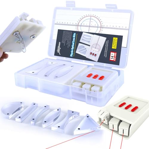 JIOEWVELL STEM Optical Refraction Reflection Experiment Kit- Magnetic Lenses Triangular Prism Acrylic Glass Block 3-Way Linear Light Source Teaching Equipment for School Classroom with Storage Box