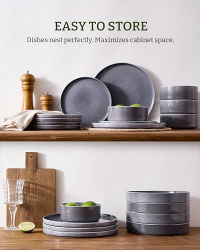Image of Famiware Annecy Plates and Bowls Sets, Service for 4 (16 Pieces), Dinnerware Sets with Pasta Bowls, Microwave and Dishwasher Safe Dishes Set, Chip and Scratch Resistant, Misty Blue
