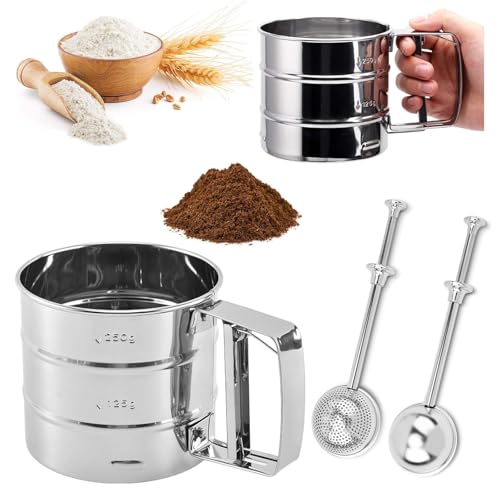Tamis à farine de 3 tasses avec petit tamis à farine, tamis à farine, tamis à farine en acier inoxydable, tamis à manivelle pour la cuisson de gâteaux et d'épices