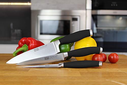 Taylors Eye Witness Syracuse Kitchen Knife 3Pce Set - Paring 9Cm/3.5”, Chefs 15Cm/6” & Cooks All Purpose 13Cm/5” Cutting Edge. Ultra Fine, Razor Sharp Blade. Soft Textured Grip Matte Black Handle. #TOP2