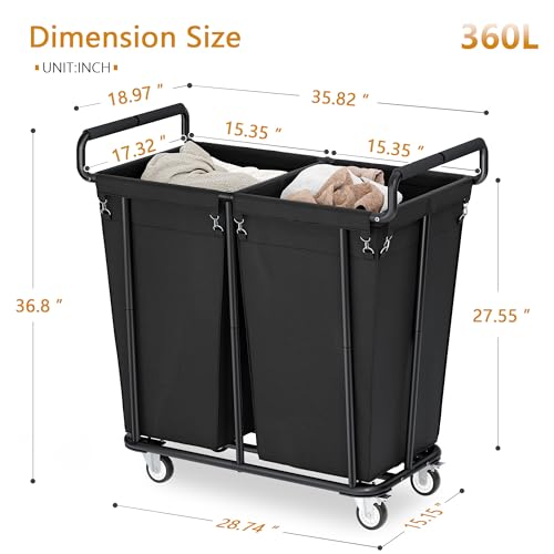 Gewudraw Large Laundry Hamper with Wheels, 2 Bag 360L Big Rolling Laundry Basket Sorter Cart, Extra Large Clothes Hamper, Heavy Duty Laundry Basket Organizer for Laundry Room, Bathroom - Image 8