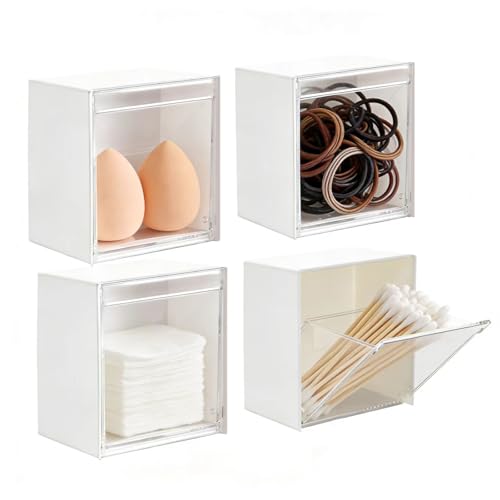FHUIEWRY 4Pcs Qtip Holder Dispenser,Wall Mounted Cotton Swab Holder Organizers Plastic Storage Container, No Drill Qtip Holder Bathroom Set for Cotton Swabs, Balls,Pads,Floss Picks,Hair Ties, Makeup by FHUIEWRY - Used condition - US$7.51