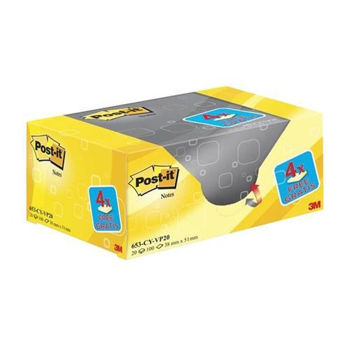 Image of Post-it Canary Yellow Notes Value Pack Pad of 100 Sheets 38x51mm Ref 653CY-VP20 Pack 20 112618