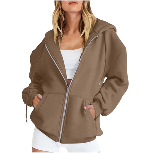 Image of Hoodies for Women UK Oversized Zip Up Hoodie Jackets Trendy Casual Loose Long Sleeve Crewneck Pullover Comfy Fall Winter Cloth Sweatshirts Fashion Ladies Outfit winter clothing Khaki 3XL